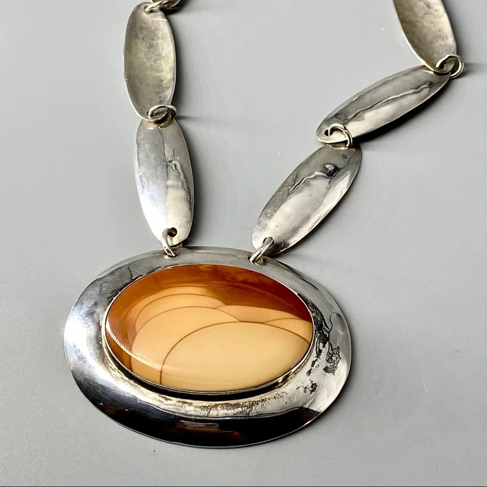 Vintage Sterling Silver & Bruneau Jasper Medallion Necklace - Picture 16 of 16